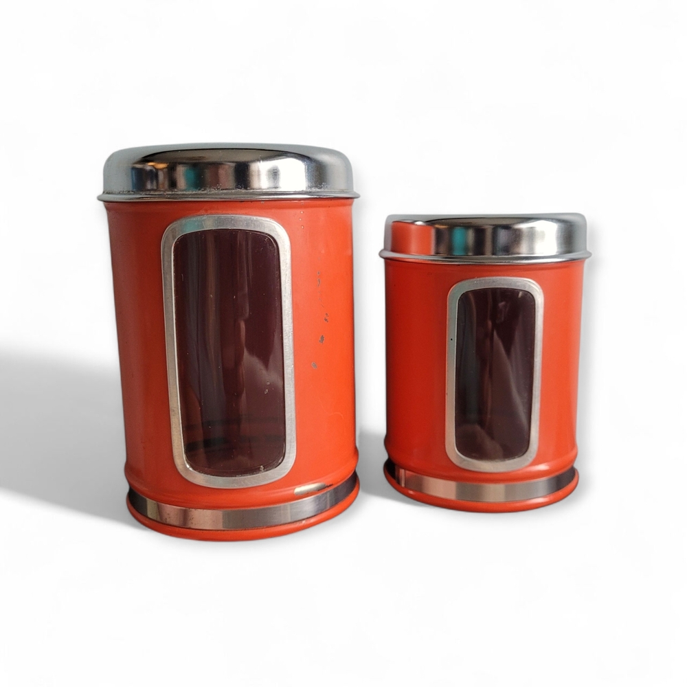 Vintage Brabantia Orange Stainless Steel Food Storage Canisters Set Of 2